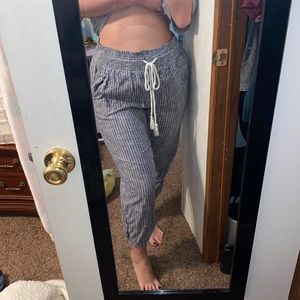 Blue white jogger style pants. Perfect for a beach trip!